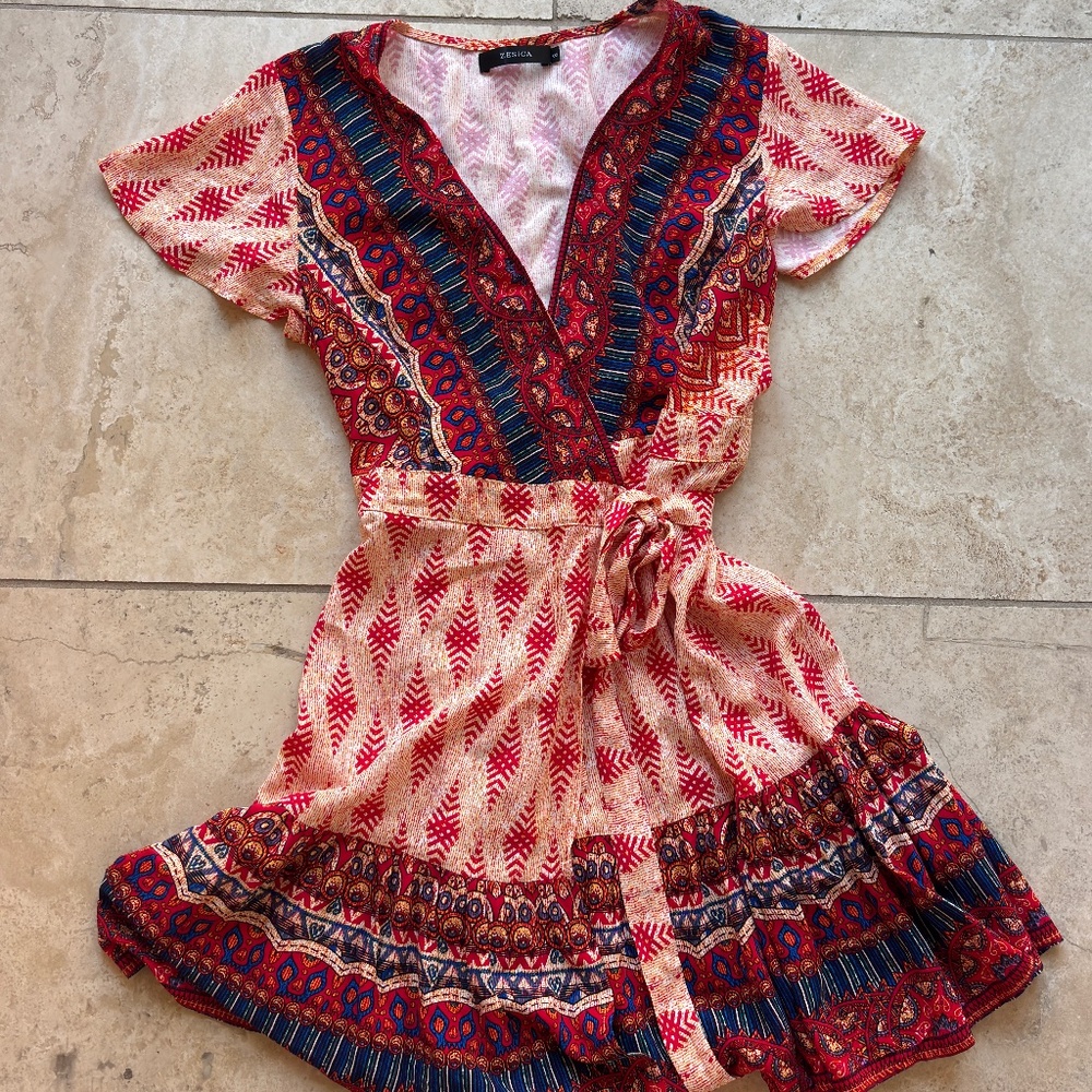 Multi-Color Patterned Wrap Dress- Size Small